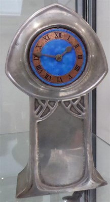 Lot 3561 - A Liberty & Co Tudric Pewter and Enamel Mantel Clock, Model No.0371, 2-1/2-inch dial, Roman numeral