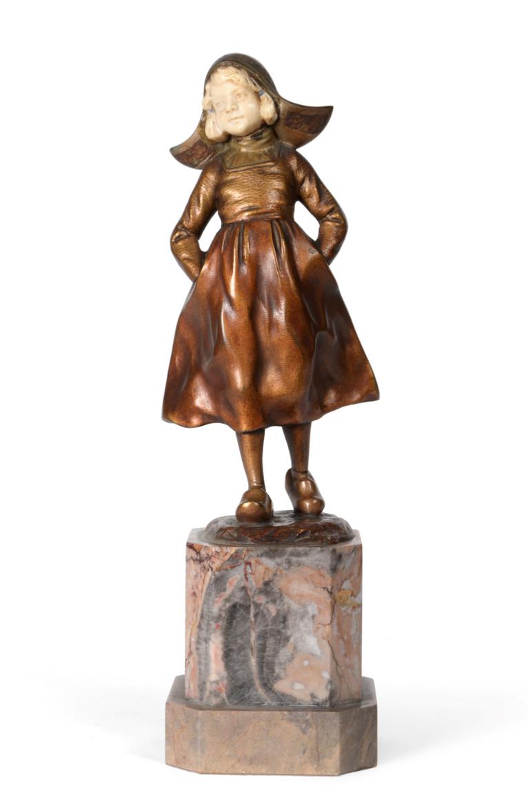 Lot 3567 - Hans Keck (1875-1941): An Art Deco Bronze and Ivory Figure, of a Dutch girl, signed in the cast...