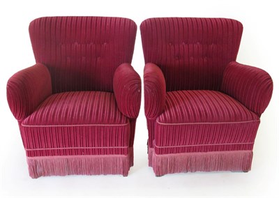 Lot 3667 - A Pair of Danish Design Art Deco Style Club Armchairs, upholstered in red striped buttoned...