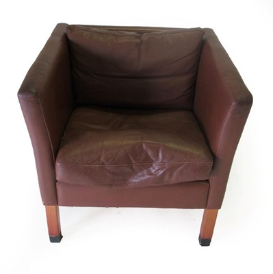 Lot 3679 - A Danish Design Lounge Chair, in the manner of Borge Mogensen, covered in dark brown leather,...