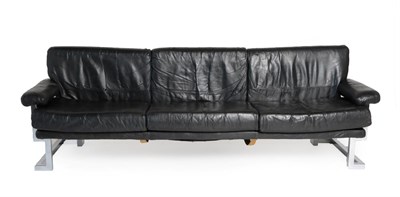 Lot 3681 - Tim Bates for Pieff: A 1970's Black Leather and Chrome Framed Three-Seater Sofa, with six removable