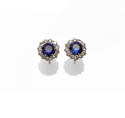 Lot 320 - A Pair of Sapphire and Diamond Cluster Earrings, cased by Mappin & Webb, the round brilliant...