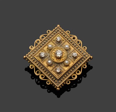 Lot 328 - A Victorian Diamond and Seed Pearl Brooch, the square frame set with old cut diamonds and seed...