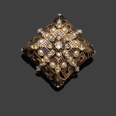 Lot 329 - A Diamond, Enamel and Split Pearl Brooch, circa 1860-80, of square form, a cluster of old and...