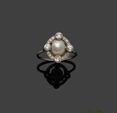 Lot 333 - A Cultured Pearl and Diamond Cluster Ring, the pearl spins on a central bar within a border of...