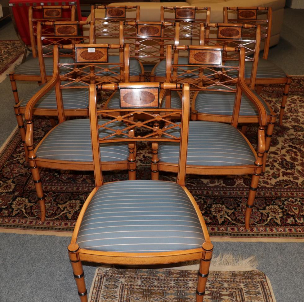 Lot 1007 - A Set of Ten Regency Style Dining Chairs, including two carvers, modern, with turned top rails...