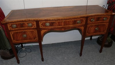 Lot 1008 - A Reproduction Mahogany Satinwood Tulipwood Banded Sideboard, in George III style, modern, the...