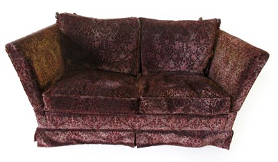 Lot 1017 - A Two-Seater Knoll Sofa, modern, covered in William Morris style red and grey velvet, with drop...