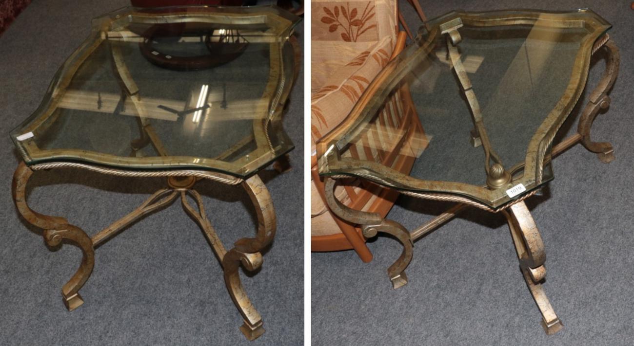 Lot 1019 - A Pair of Glass Top and Gilded Metal Side Tables, modern, of serpentine shaped form with a rope...