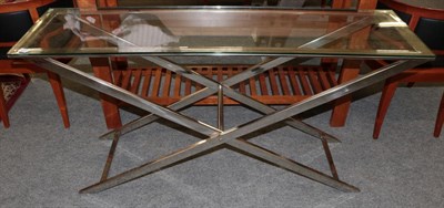 Lot 1051 - A Glass and Polished Metal Console or Hall Table, modern, with rectangular plate top above a square