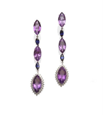 Lot 345 - A Pair of Amethyst, Sapphire and Diamond Drop Earrings, marquise cut amethysts and sapphires...