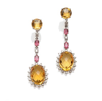 Lot 348 - A Pair of Citrine and Diamond Drop Earrings, a citrine stud suspends a row of alternating...