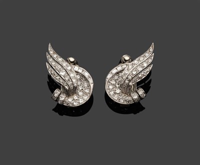 Lot 358 - A Pair of Diamond Spray Clip-On Earrings, circa 1940, the winged forms set throughout with old cut