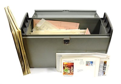 Lot 131 - Metal Filing Box with GB and world stamps, note GB castles £1 and 10/- values (x10), GB...