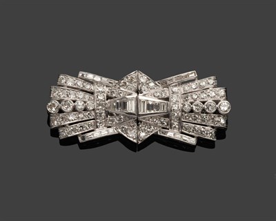 Lot 378 - An Art Deco Double Clip Brooch, the geometric design set throughout with round brilliant cut,...