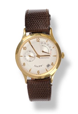 Lot 381 - An 18ct Gold Calendar Wristwatch with Power Reserve Indication, signed Zenith, model: Elite HW,...