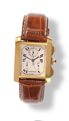 Lot 383 - An 18ct Gold Calendar Quartz Chronograph Wristwatch, signed Cartier, Model: Tank Francaise,...