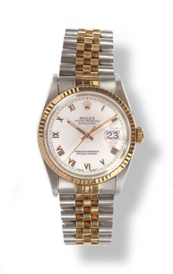 Lot 388 - A Steel and Gold Automatic Calendar Centre Seconds Wristwatch, signed Rolex, Oyster Perpetual,...