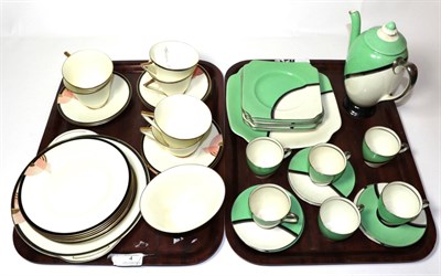 Lot 4 - ^ A Royal Doulton De Luxe part coffee service, pattern V1284, green, black, white and silver...