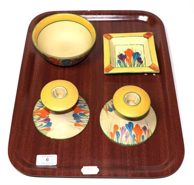 Lot 6 - ^  Clarice Cliff Bizarre ''Crocus'' pattern items comprising: a bowl, an ashtray and a pair of...