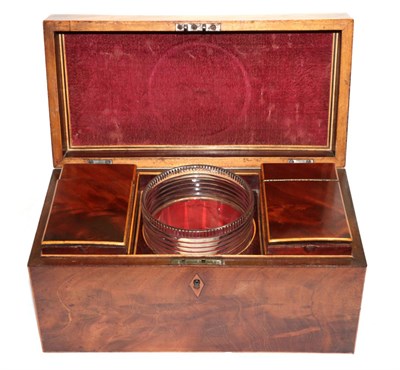 Lot 26 - ^ A George IV mahogany and boxwood tea caddy, with silver handle stamped William Bateman, 30cm wide
