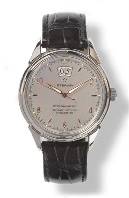 Lot 414 - A Stainless Steel Automatic Calendar Centre Seconds Wristwatch, signed Eterna, model: Eterna-Matic