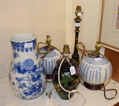 Lot 47 - ^ A group of modern chinoiserie table lamps, including a pair of globular ceramic blue and...