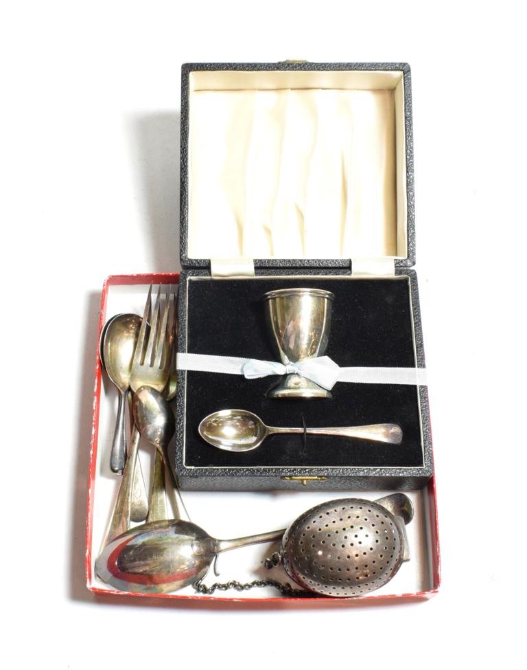 Lot 72 - Silver comprising Indian silver ovoid infuser, by Hamilton & co; cased egg cup and spoon set;...