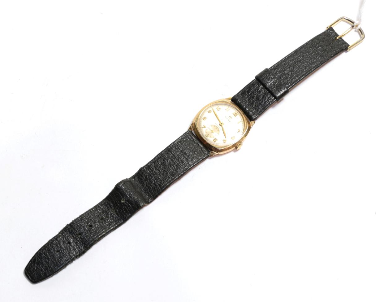 Lot 74 - A 9 carat gold centre seconds wristwatch, signed Cyma, Cymaflex, subsidiary seconds dial