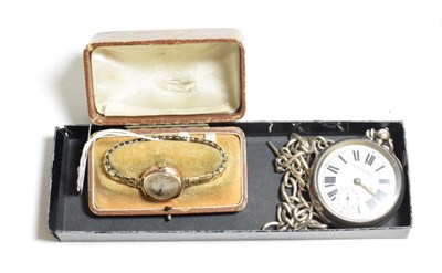 Lot 79 - A silver open faced pocket watch, with a curb link silver watch chain; and a lady's 9 carat...