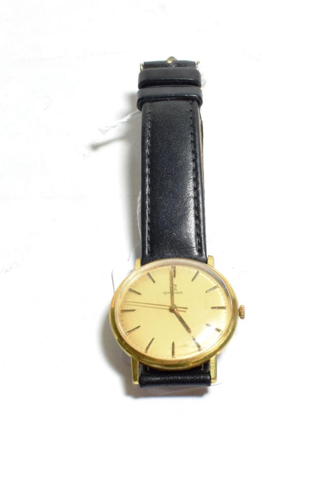 Lot 94 - A gold plated centre seconds wristwatch, signed Omega, with a recent service receipt dated...