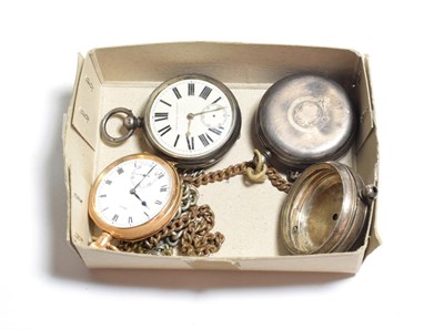 Lot 96 - A gold plated open face keyless pocket watch, dial signed Rolex,  two silver cased pocket...