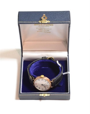 Lot 97 - A 9 carat gold enamel dial wristwatch