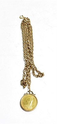 Lot 100 - A full sovereign dated 1889 mounted as a pendant on a trace link chain stamped '9CT', length 82cm