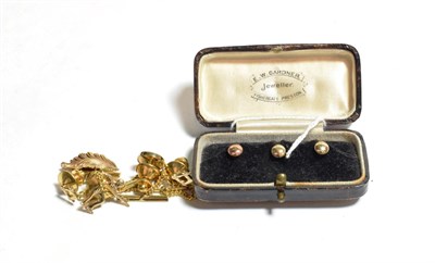 Lot 105 - A cased set of three dress studs, stamped '9CT'; one feather drop earring, unmarked; and four...