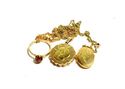 Lot 106 - A 9 carat gold circular locket on a 9 carat gold chain; a 9 carat gold  oval locket on a chain,...