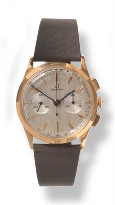 Lot 421 - A Rare 18ct Pink Gold Chronograph Wristwatch, signed Omega, circa 1958, (calibre 320) 17-jewel...