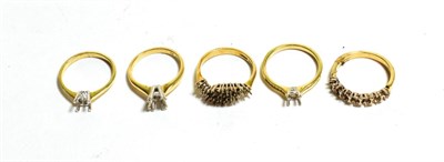 Lot 112 - Five 18 carat gold vacant ring mounts, of varying designs and sizes (5)