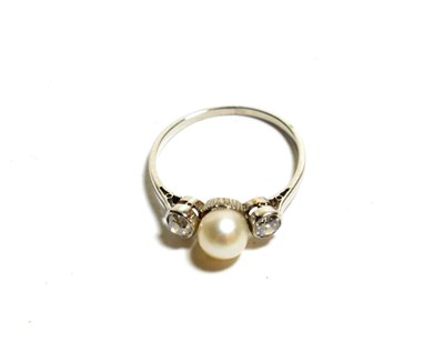 Lot 113 - A cultured pearl and diamond three stone ring, a cultured pearl flanked by two old cut diamonds...