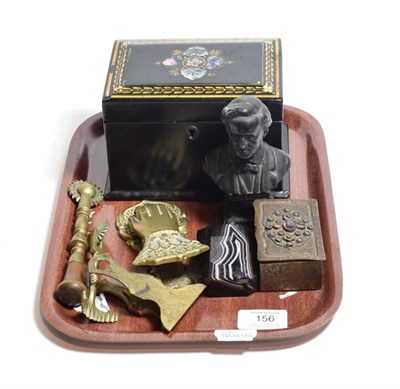 Lot 156 - ^ A late 19th century lacquer and mother of pearl inlaid tea caddy, a bust of Agna, a brass box...