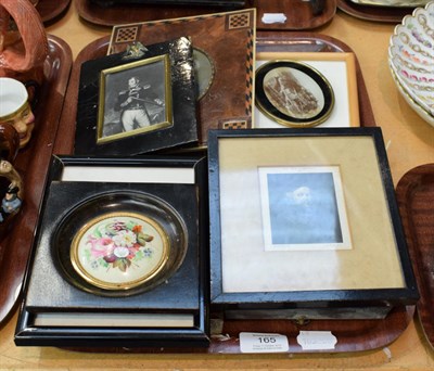 Lot 165 - ^ Tray including three rosewood framed portraits, a walnut and parquetry decorated frame,...