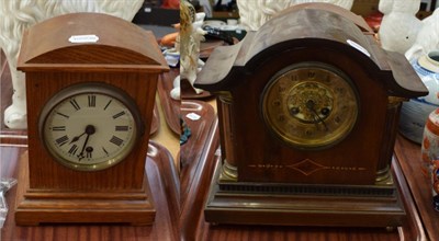 Lot 227 - An Edwardian inlaid mahogany mantel clock; an oak mantel clock; an 8 day 'Volta gong' wall...