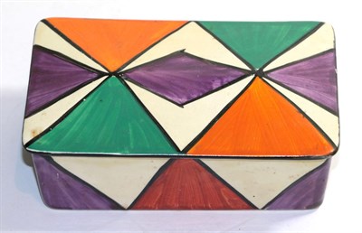 Lot 241 - ^ 1930s Clarice Cliff bizarre trinket box and cover, painted with a geometric pattern, 14cm wide