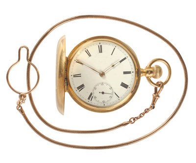 Lot 434 - An 18ct Gold Full Hunting Cased Keyless Lever Pocket Watch, 1882, gilt finished lever movement...