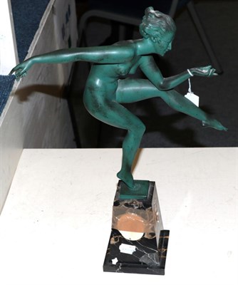 Lot 257 - An Art Deco bronzed figure of a nude lady, after Alexandre-Joseph Derenne, raised on a black...