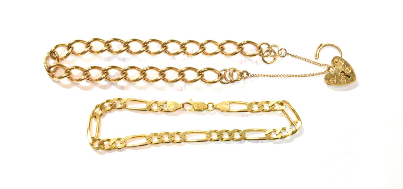 Lot 268 - A curb link bracelet with a 9 carat gold heart shaped padlock, length 20cm; together with a...