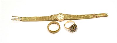 Lot 274 - A 9 carat gold lady's Rotary wristwatch; together with two rings, finger size L and P (a.f.) (3)