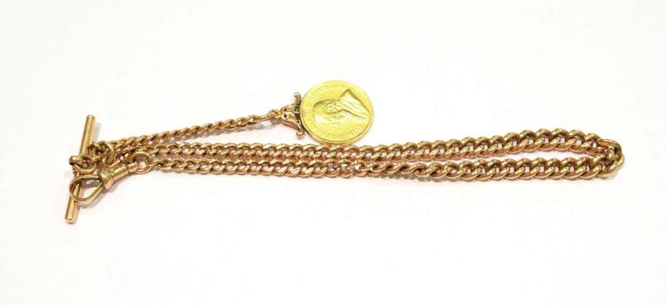 Lot 278 - A 9 carat gold Albert watch chain with T-bar and soldered South African one pond coin fob dated...