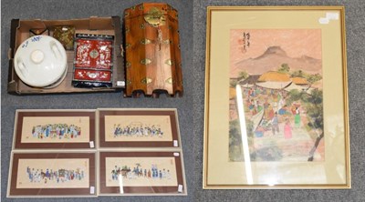 Lot 302 - Collection of Korean/Oriental items including four seasons panel, hinged boxes, Nile painting,...