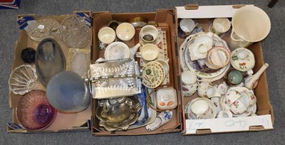 Lot 303 - Three boxes including tea wares, cabinet plates, silver plate, art glass etc